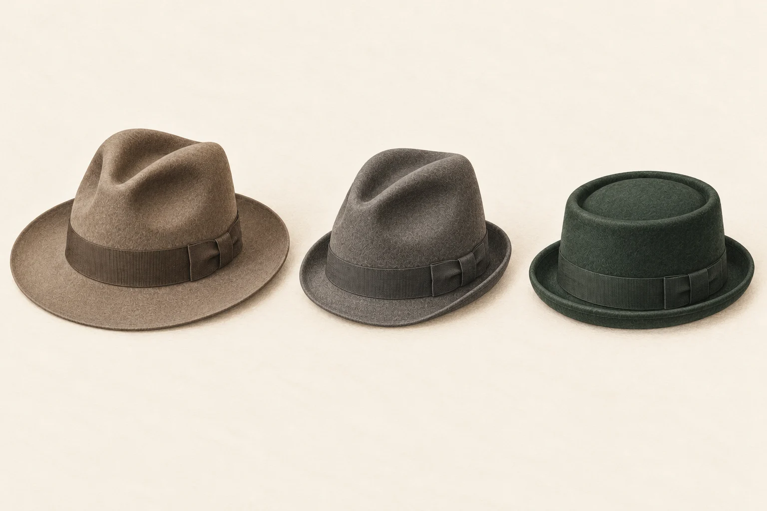 KI-Illustration von links: brauner Fedora mit breiterer Krempe, grauer Trilby mit schmaler Krempe und grüner Porkpie mit flachem Kronenabschluss.