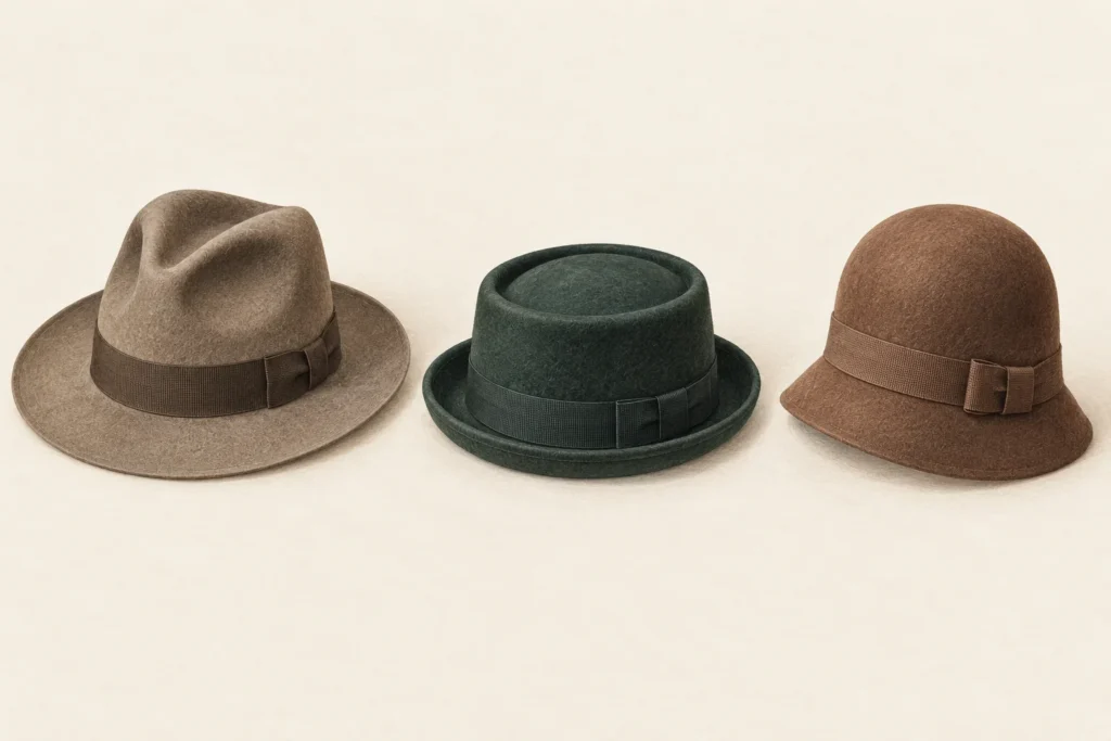 KI-Illustration verschiedener Hutformen: Fedora links, Porkpie in der Mitte und Glockenhut rechts.
